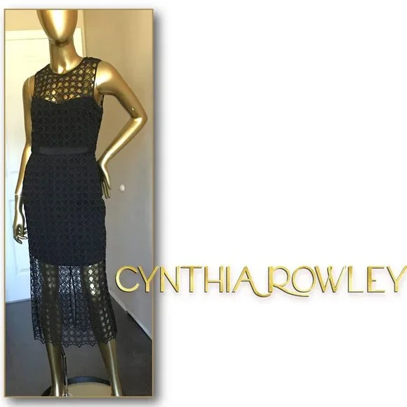 ᑕYᑎTᕼIᗩ ᖇOᗯᒪEY Sleeveless Lace-Mesh-Overlay Midi Dress - Picture 1 of 12